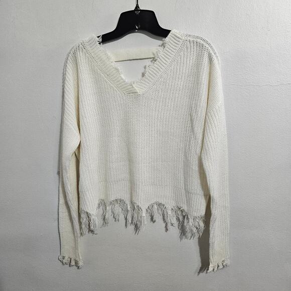 Boho Cropped Oversized Distressed Fringe V-Neck Womens Sweater. Size Small. - Picture 1 of 7